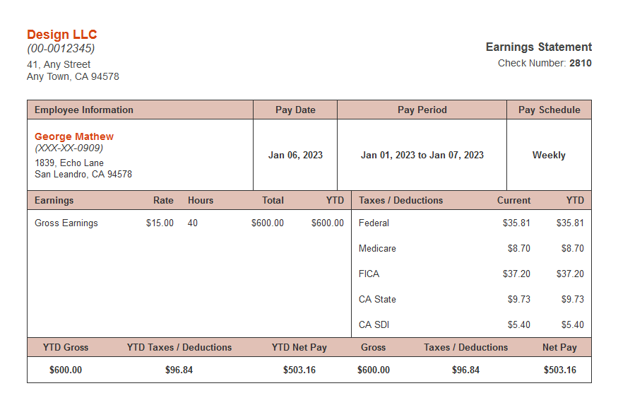 Pay Stub Template for Lincoln, Nebraska